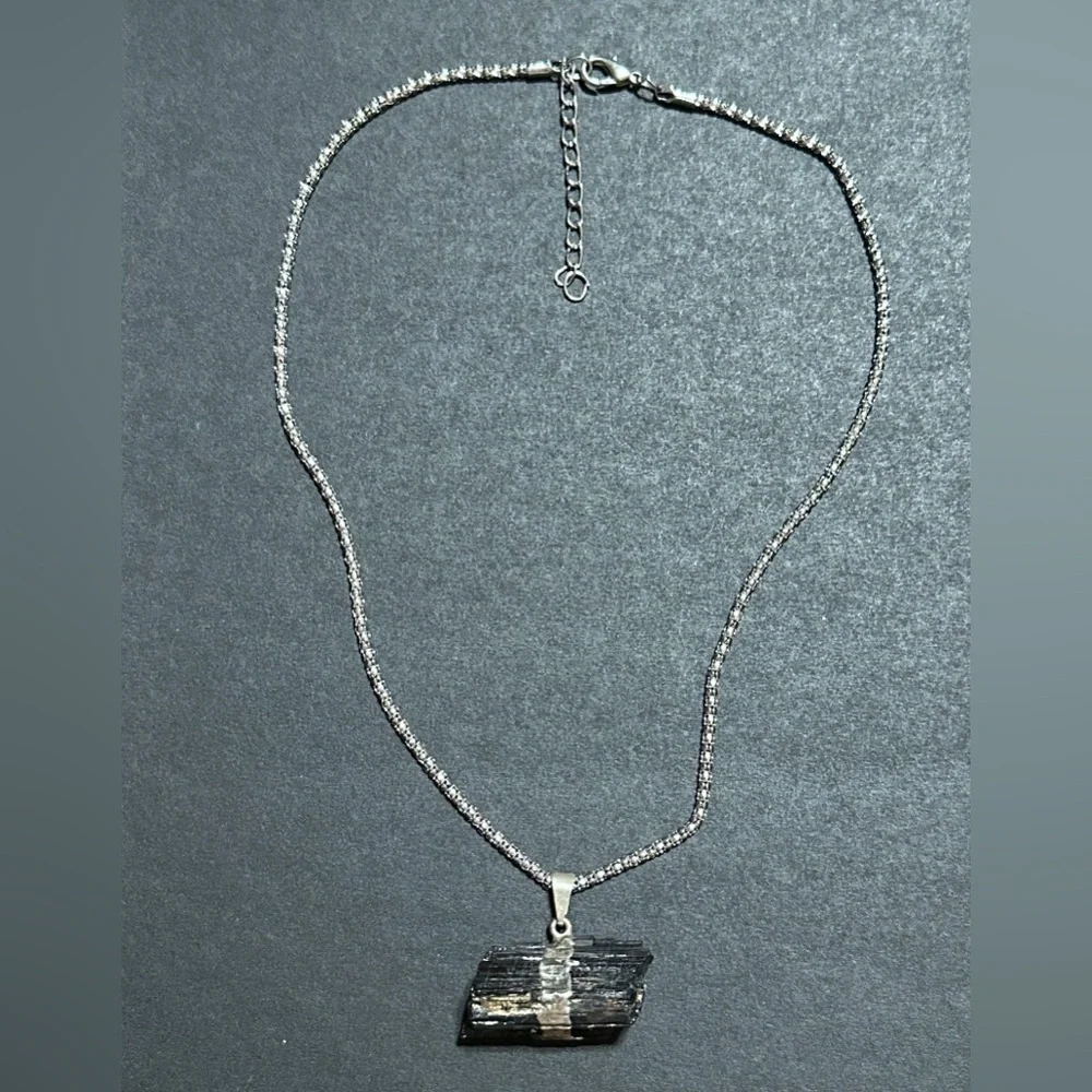 Raw Black Tourmaline Horizontal Pendant Necklace